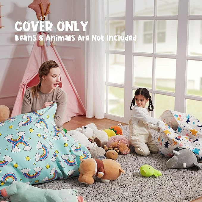 Nobildonna Stuffed Animal Storage Bean Bag for Kids (No Filler), Extra Large 250L Bean Bag Chair Cover Only, Washable Beanbag Without Filling Soft Premium Canvas Stuffable Bean Bag Cover (Blue/White) - LeafyLoom