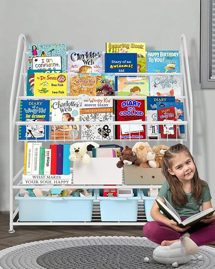 aboxoo Metal Kids Bookshelf Freestanding Bookcase for Children Room 32 in Large Toy Organizer Modern MinimalistWhite Stable Metel Bookstore Bedroom, Living, Library Book Unit Storage - LeafyLoom