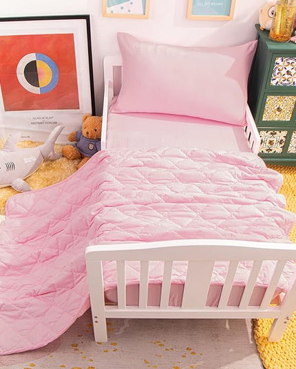 NTBAY Toddler Bedding Set - 4 Piece Soft and Breathable Crib Bedding Set for Boys and Girls, Includes Quilted Comforter, Fitted Sheet, Flat Top Sheet and Envelope Pillowcase, Pink - LeafyLoom