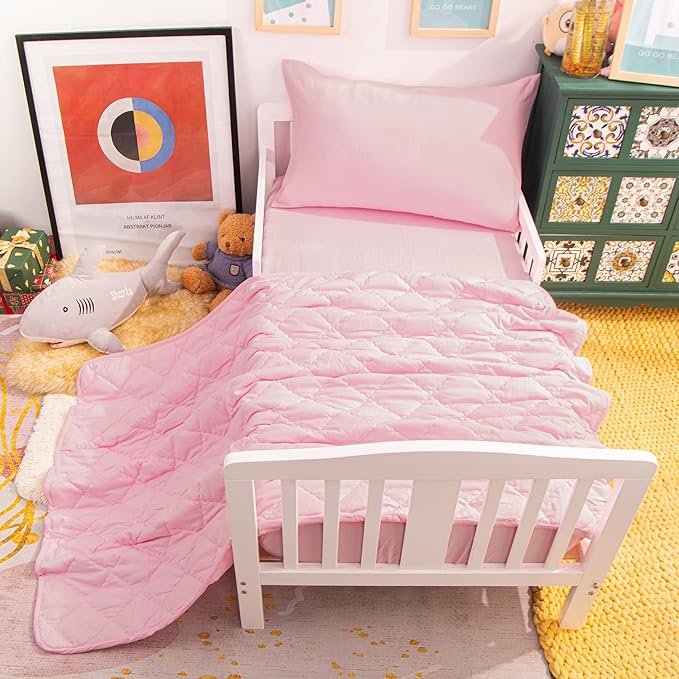 NTBAY Toddler Bedding Set - 4 Piece Soft and Breathable Crib Bedding Set for Boys and Girls, Includes Quilted Comforter, Fitted Sheet, Flat Top Sheet and Envelope Pillowcase, Pink - LeafyLoom