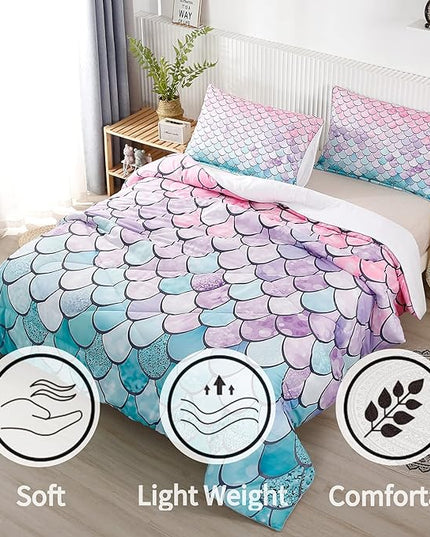 RYNGHIPY 2Pcs Colorful Mermaid Scale Print Comforter Bedding Set Twin Size, Soft Microfiber Coverlet Set/Bedspread/Quilt Set with Colorful Scale Design (Mermaid,Twin) - LeafyLoom