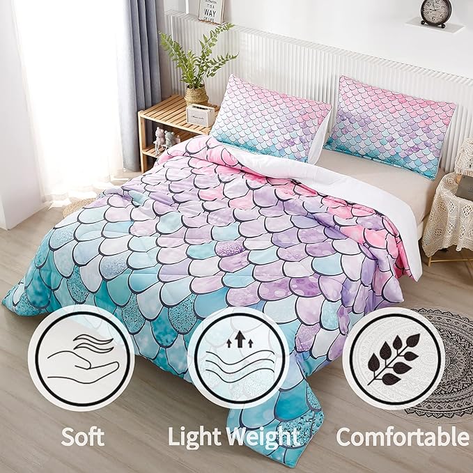 RYNGHIPY 2Pcs Colorful Mermaid Scale Print Comforter Bedding Set Twin Size, Soft Microfiber Coverlet Set/Bedspread/Quilt Set with Colorful Scale Design (Mermaid,Twin) - LeafyLoom