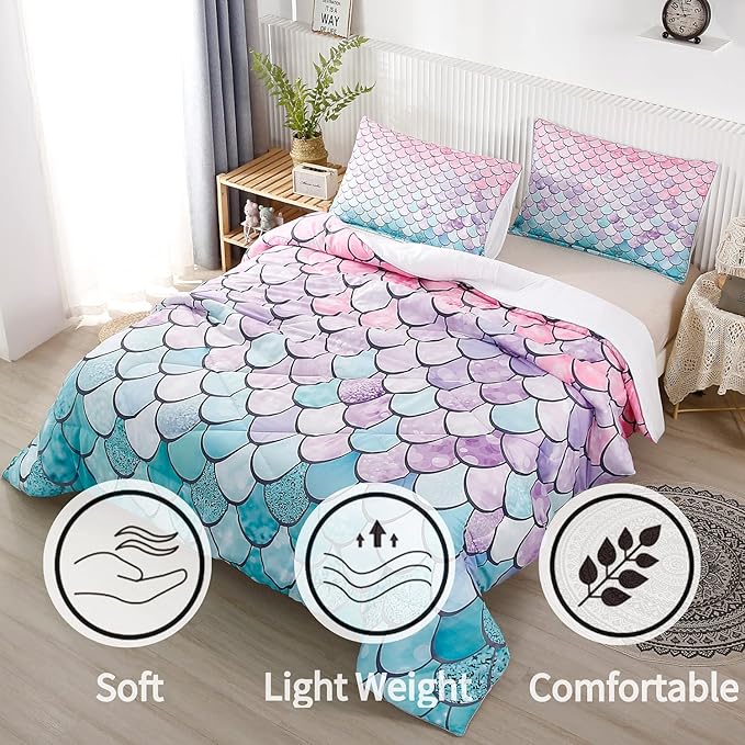 RYNGHIPY 3Pcs Colorful Mermaid Scale Print Comforter Bedding Set Full Size, Soft Microfiber Coverlet Set/Bedspread/Quilt Set with Colorful Scale Design (Mermaid,Full) - LeafyLoom