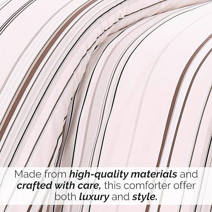 Southshore Fine Living, Inc. 3-Piece Full/Queen Comforter Set, Down Alternative All-Season Striped Comforter with 2 Shams, Soft Microfiber Bedspread, Full or Queen Bed, Coastal Stripes Taupe - LeafyLoom