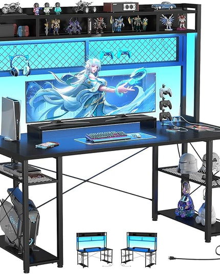 armocity 2024 Upgrade Gaming Desk with Hutch, 55.2'' Magic Computer Desk with LED Lights and Outlets, Reversible Workstation Desk with Pegboard and Monitor Stand, Gamer Desk PC Table, Black - LeafyLoom