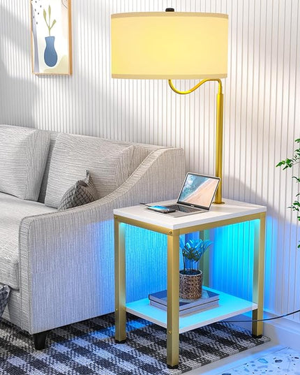 LED Floor Lamp with Table, Side Table with LED Light and Power Outlet, Nightstand with Lamp, End Table with Lamp Attached for Living Room, Bedroom, USB Ports, Bulb Included, White, 2 Pack - LeafyLoom