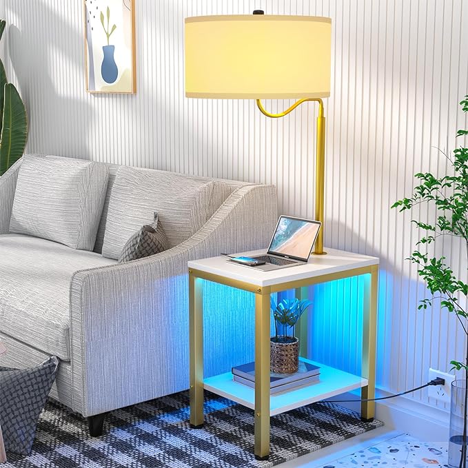 LED Floor Lamp with Table, Side Table with LED Light and Power Outlet, Nightstand with Lamp, End Table with Lamp Attached for Living Room, Bedroom, USB Ports, Bulb Included, White, 2 Pack - LeafyLoom
