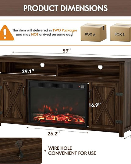 YESHOMY Fireplace TV Stand for Television up to 65+ Inch with Storage and Farmhouse Barn Doors, Entertainment Center with Cabinet and Shelves, Media Console for Living Room, Walnut - LeafyLoom