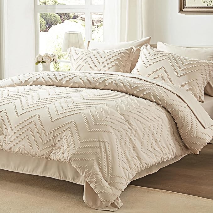 Anluoer Twin Comforter Set, Beige Tufted Bed in a Bag 5 Pieces with comforters and sheets, All Season Bedding Sets with 1 Comforter, 1 PillowShams, 1 Pillowcases, 1 Flat Sheet, 1 Fitted Sheet - LeafyLoom