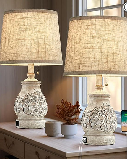 19.5'' Farmhouse Table Lamps for Bedrooms Set of 2 Vintage Bedside Lamps for Nightstand with USB Charging Ports Traditional Rusic Side Table Lamps for Living Room Wooden Carved Floral, Pull Chain - LeafyLoom