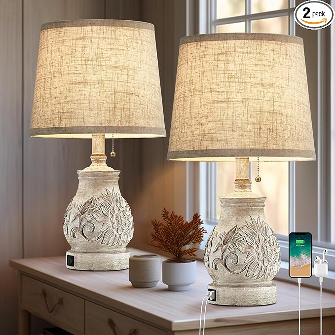 19.5'' Farmhouse Table Lamps for Bedrooms Set of 2 Vintage Bedside Lamps for Nightstand with USB Charging Ports Traditional Rusic Side Table Lamps for Living Room Wooden Carved Floral, Pull Chain - LeafyLoom