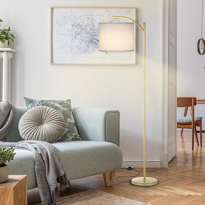 Floor Lamp for Living Room, Dimmable Standing Lamp Tall with Linen Shade Modern Floor Lamps Foot-step Switch Reading Lamp for Living Room Bedroom Office Dining Room, 9W Bulb Included (Gold) - LeafyLoom