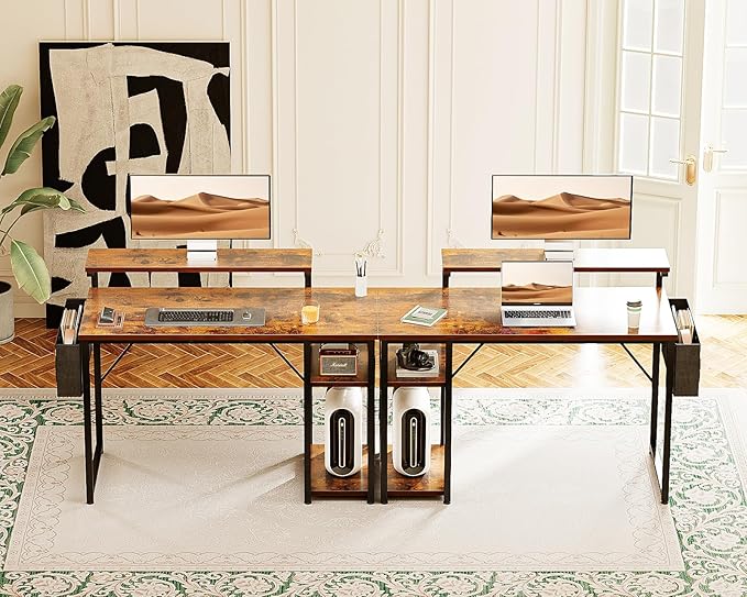 KKL 40 inch Small Computer Desk with Adjustable Monitor Stand, Home Office Desk & Workstation with Storage Shelves, Reversible Work Writing Study Table for Bedroom, Rustic Brown - LeafyLoom