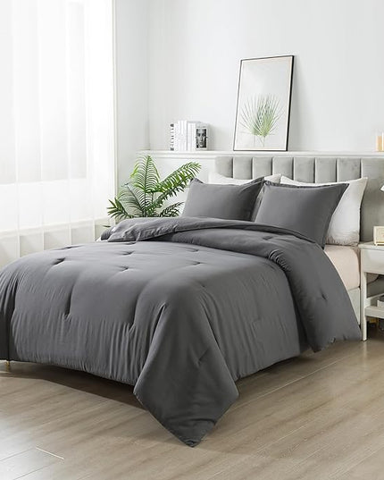 Dark Gray Comforter Set Full, Solid Grey Down Alternative Bedding Comforter Set, Breathable Fluffy Microfiber Comforter Full Size (79"x90") for All Seasons with Pillowcase - LeafyLoom