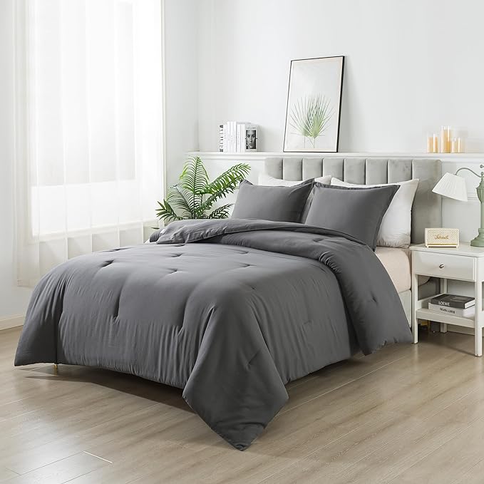 Dark Gray Comforter Set Full, Solid Grey Down Alternative Bedding Comforter Set, Breathable Fluffy Microfiber Comforter Full Size (79"x90") for All Seasons with Pillowcase - LeafyLoom