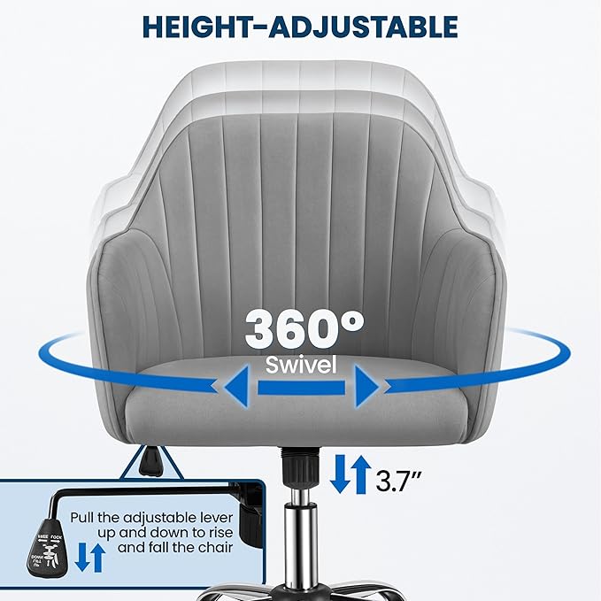 Yaheetech Modern Velvet Desk Chair Vanity Chair Height-Adjustable Swivel Computer Chair for Makeup Room Living Room Bedroom Soft Upholstered Office Chair Light Gray - LeafyLoom