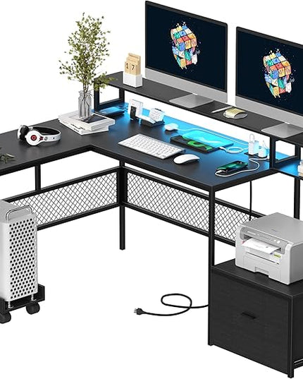 L Shaped Desk with Drawers, 66" Home Office Desk with Power Outlet and Led Strip, Reversible Computer Desk with Storage Shelves & Monitor Stand, Large Corner Desk Gaming Desk, Black - LeafyLoom