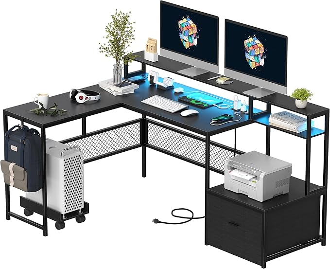L Shaped Desk with Drawers, 66" Home Office Desk with Power Outlet and Led Strip, Reversible Computer Desk with Storage Shelves & Monitor Stand, Large Corner Desk Gaming Desk, Black - LeafyLoom