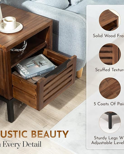 Bme Solid Acacia Wood Nightstand with Drawers & Open Shelf, Pre-Assembled Industrial Modern Living Room, Bedroom, Millie Rustic Side Table, Nighstand Rustic Chesnut - LeafyLoom
