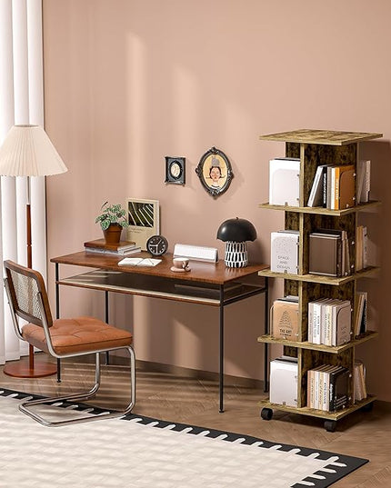VECELO 4-Tier Rolling Bookshelf, Mobile Book Rack with Acrylic Windows, Storage Organizer Holder with Wheels for Bedroom, Living Room Home and Office, Space Saving, Brown - LeafyLoom