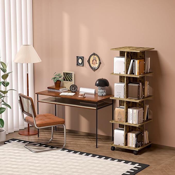 VECELO 4-Tier Rolling Bookshelf, Mobile Book Rack with Acrylic Windows, Storage Organizer Holder with Wheels for Bedroom, Living Room Home and Office, Space Saving, Brown - LeafyLoom