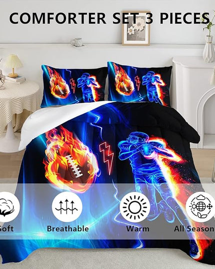 Axolotl Football Comforter Queen,Cool Blue Football Bedding Sports Theme Comforter Set For Boys,3D Rugby Sports Bedding Set Football Player On Fire For Boys Kids Teens,1 Quilt 2 Pillowcases,Black Blue - LeafyLoom
