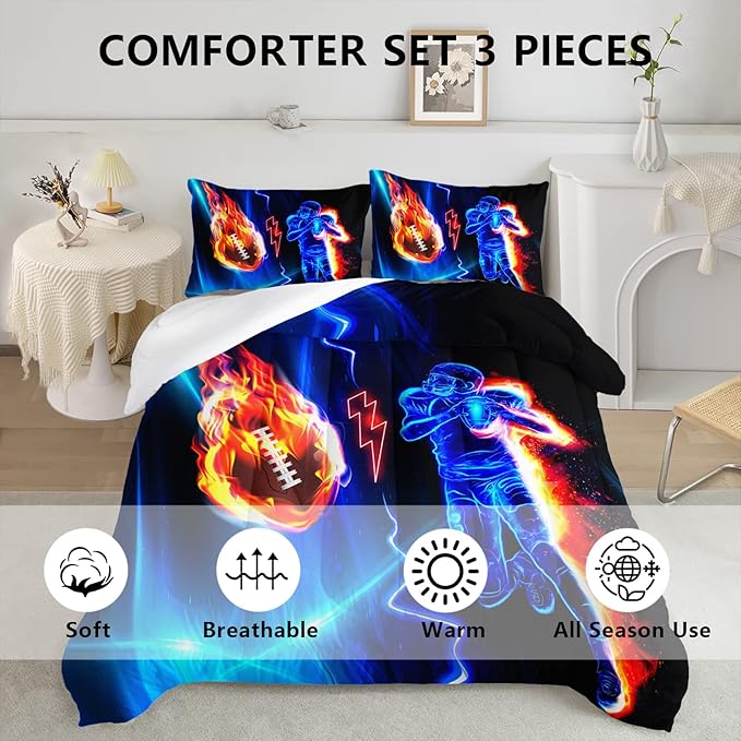 Axolotl Football Comforter Full,Cool Blue Football Bedding Sports Theme Comforter Set for Boys,3D Rugby Sports Bedding Set Football Player On Fire for Boys Kids Teens,1 Quilt 2 Pillowcases,Black Blue - LeafyLoom