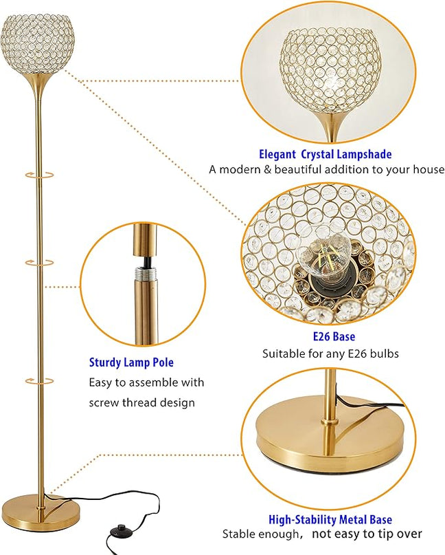 Spherical Crystal Floor Lamp, Gold 8.7 in Shade Elegant Standing Light with Crystal lamp Shade, Modern 61 in Tall Pole Lighting for Living Room, Bedroom, Office, E26 Base, LED Bulb Included - LeafyLoom