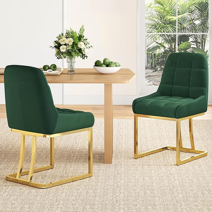 STARY Upholstered Velvet Armless Dining Room Chairs with Gold Metal Legs for Kitchen Restaurant, Green- Set of 4 - LeafyLoom
