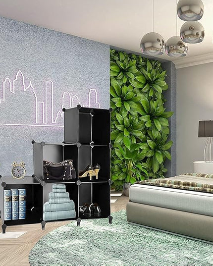 Gold Armour Cube Storage 6-Cube Bookshelf Closet Organizer Storage Shelves Shelf Cubes Organizer Plastic Square Bookcase DIY Closet Cabinet Organizer Shelving for Home Office Bedroom (Black) - LeafyLoom