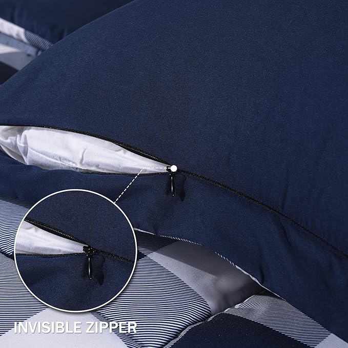 downluxe Lightweight Plaid Comforter Set (King) with 2 Pillow Shams - 3-Piece Set - Blue/White Plaid - Down Alternative Reversible Comforter - LeafyLoom