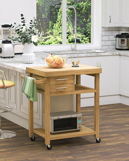 HOMCOM Bamboo Kitchen Island Cart on Wheels, Utility Trolley Cart with 2 Storage Drawers and Open Shelves, Natural - LeafyLoom