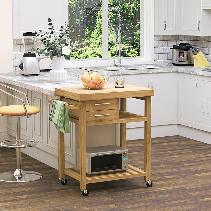 HOMCOM Bamboo Kitchen Island Cart on Wheels, Utility Trolley Cart with 2 Storage Drawers and Open Shelves, Natural - LeafyLoom
