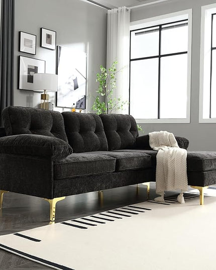 L Shaped Convertible Sleeper Sectional Sofa with Reversible Chaise, 3 Seater Corner Couch Bed with Detachable Pillow Armrest and Golden Metal Legs for Living Room Apartment Small Space - LeafyLoom