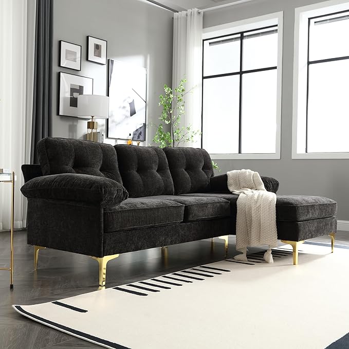 L Shaped Convertible Sleeper Sectional Sofa with Reversible Chaise, 3 Seater Corner Couch Bed with Detachable Pillow Armrest and Golden Metal Legs for Living Room Apartment Small Space - LeafyLoom