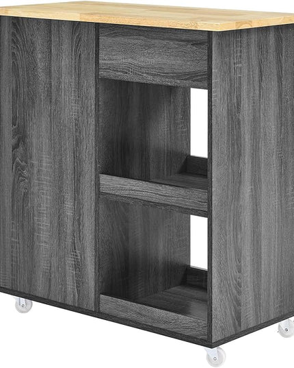 Modway Culinary Rolling Kitchen Cart with Storage in Charcoal Natural - 3 Tiers Kitchen Island on Wheels with Towel Bar, Functional as a Coffee Station, Bar Cabinet or Butcher Block Island - LeafyLoom