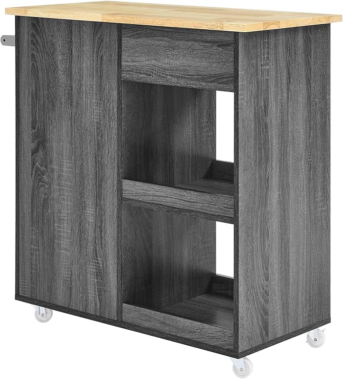 Modway Culinary Rolling Kitchen Cart with Storage in Charcoal Natural - 3 Tiers Kitchen Island on Wheels with Towel Bar, Functional as a Coffee Station, Bar Cabinet or Butcher Block Island - LeafyLoom