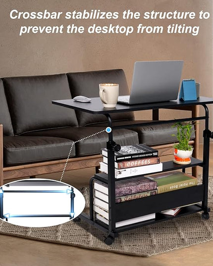 Portable Desk Small Desks for Small Spaces Laptop Table Black Rolling Adjustable Desk on Wheels Mobile Couch Desk for Bedroom Home Office Computer Standing Desk Student Desk with Storage 32x16 Inch - LeafyLoom