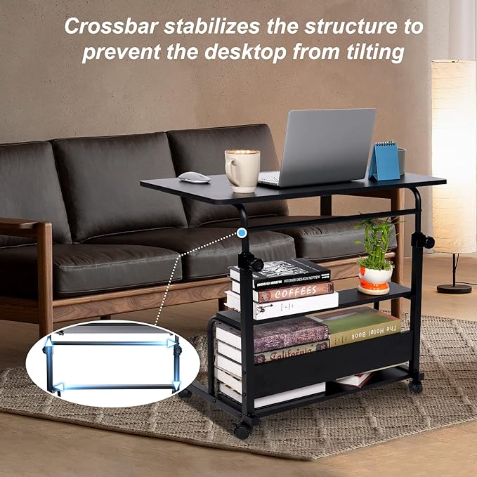 Portable Desk Small Desks for Small Spaces Laptop Table Black Rolling Adjustable Desk on Wheels Mobile Couch Desk for Bedroom Home Office Computer Standing Desk Student Desk with Storage 32x16 Inch - LeafyLoom