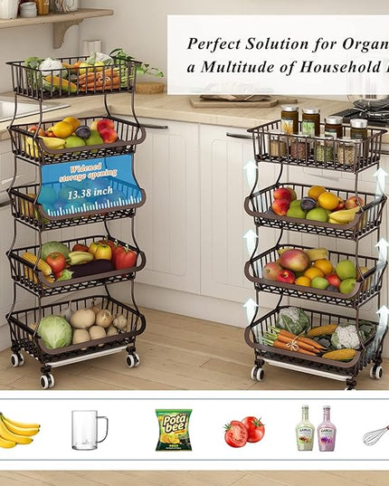 Wisdom Star 5 Tier Fruit Vegetable Basket for Kitchen, Storage Cart, Bins for Onions and Potatoes, Wire Storage Basket Organizer Utility Cart with Wheels,Bronze - LeafyLoom