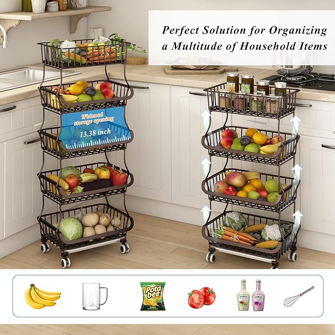 Wisdom Star 5 Tier Fruit Vegetable Basket for Kitchen, Storage Cart, Bins for Onions and Potatoes, Wire Storage Basket Organizer Utility Cart with Wheels,Bronze - LeafyLoom