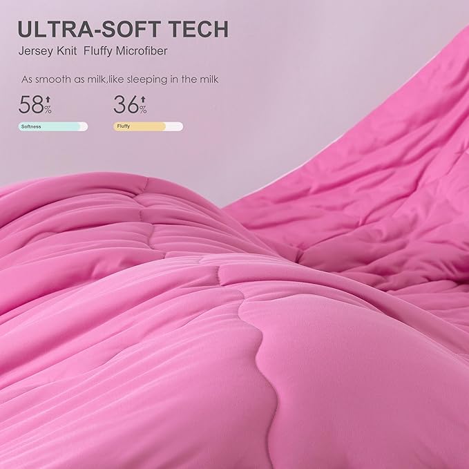 COTTEBED Rose Pink Comforter Queen Size, Jersey Knit T-Shirt Feel Ultra-Soft Cute Cozy Durable Lightweight Bedding Blanket Down Conforter Set and Pillowcase for Women Girl All Season Use Full/Queen - LeafyLoom