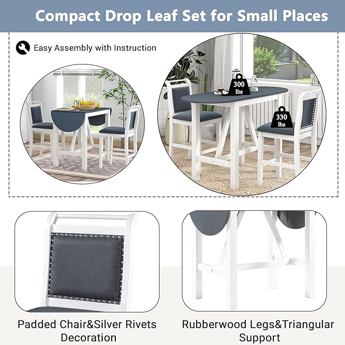 NicBex Small Dining Table for 2 Breakfast Nook Table Set 3-Piece Wood Counter Height Drop Leaf Dining Table Set with 2 Upholstered Dining Chairs for Small Place, White - LeafyLoom