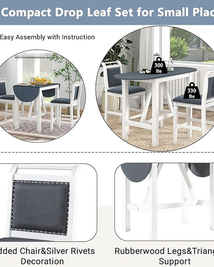 Voohek, Small 3-Piece Counter Height Dining Table Set, with Drop Leaf, 2 Upholstered Chairs, Space, Bar, Home Kitchen Breakfast, White - LeafyLoom