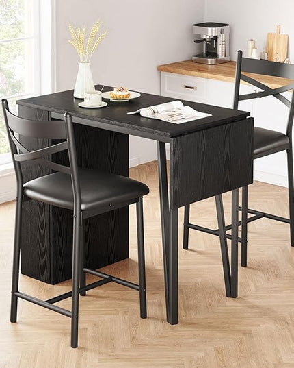 IDEALHOUSE Dining Table Set for 2, Expandable Kitchen Bar Table and Chairs for 2, 3 Piece Counter Height Top Dining Table Set with Upholstered Chairs Storage for Small Space, Black (Black) - LeafyLoom