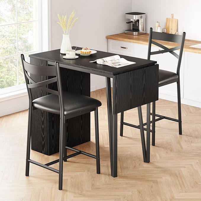 IDEALHOUSE Dining Table Set for 2, Expandable Kitchen Bar Table and Chairs for 2, 3 Piece Counter Height Top Dining Table Set with Upholstered Chairs Storage for Small Space, Black (Black) - LeafyLoom
