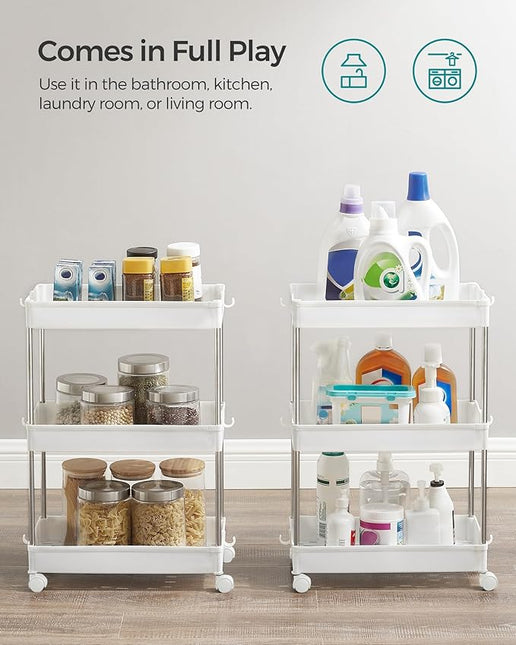 SONGMICS Slim Storage Cart, 3-Tier Rolling Cart, Narrow Utility Cart on Wheels, 6 Hooks, 360° Swivel Wheels, Lockable, Steel Frame, Bathroom, Kitchen, Office, Cloud White UKSC009W01 - LeafyLoom