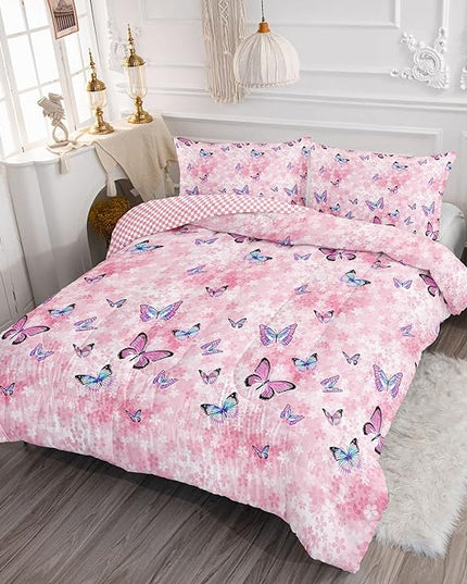 Datura home Kids Comforter Set Girls Pink Flower Butterfly Printed Pattern Quilt Bedding with 1 and 2 Pillowcases for Bedroom All Season(Pink Queen) Queen 90x90inches - LeafyLoom