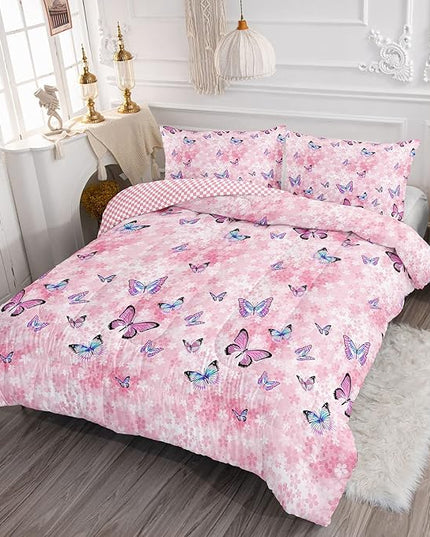 Datura home Kids Comforter Set Girls Pink Flower Butterfly Printed Pattern Quilt Bedding Set with 1 Comforter and 2 Pillowcases for Girls Bedroom All Season(Pink Flower Butterfly Twin 68x86inch) - LeafyLoom