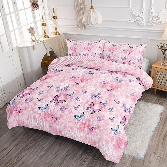 Datura home Kids Comforter Set Girls Pink Flower Butterfly Printed Pattern Quilt Bedding Set with 1 Comforter and 2 Pillowcases for Girls Bedroom All Season(Pink Flower Butterfly Twin 68x86inch) - LeafyLoom